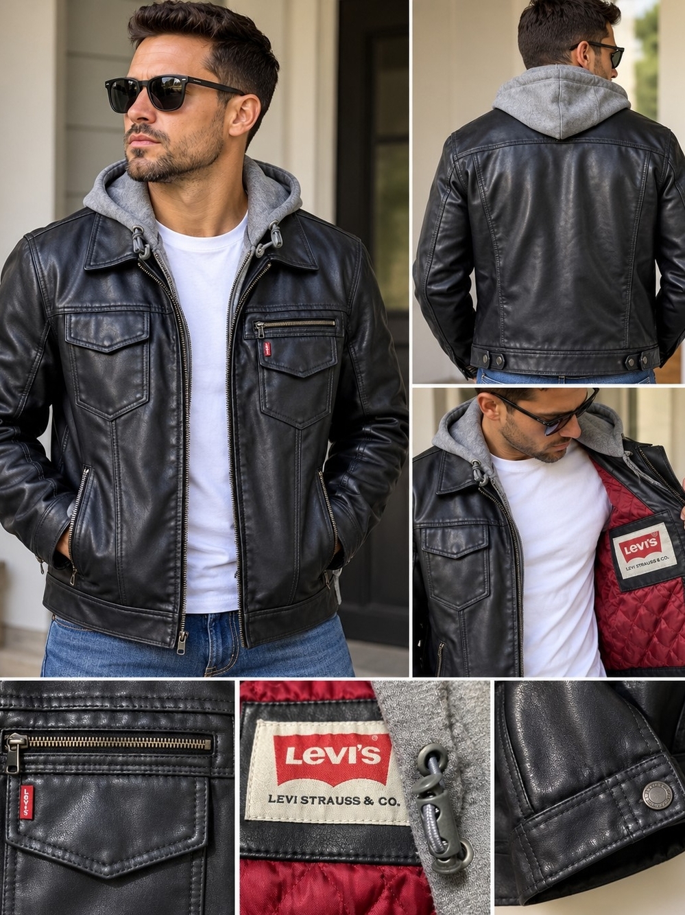 Levi’s Men’s Black Faux Leather Hooded Jacket – Size Medium 38-40